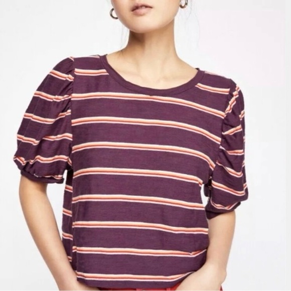 We The Free Purple Striped Molly Short Puff  Sleeve Cropped Tee Top - Picture 1 of 11